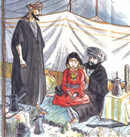 Historical illustration of Aisha and Prophet Muhammad